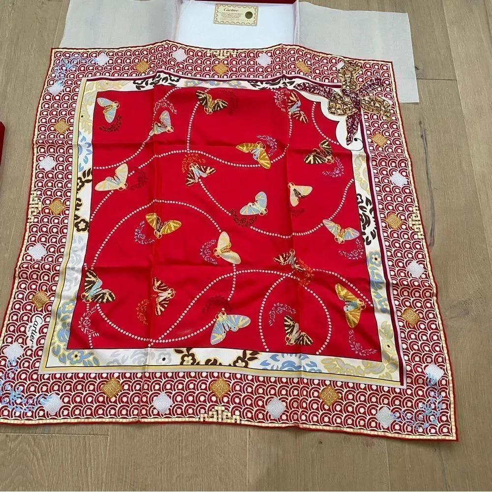 NEW Cartier Paris Red White Silk Crepe Butterflies Moth Square Scarf Shawl - Picture 8 of 12